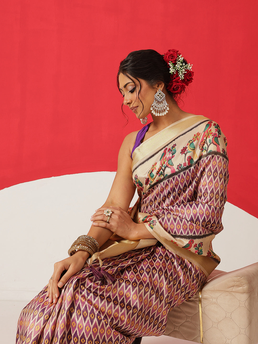Digital Printed Soft Tissue Silk Saree With Zari Work & Tassels