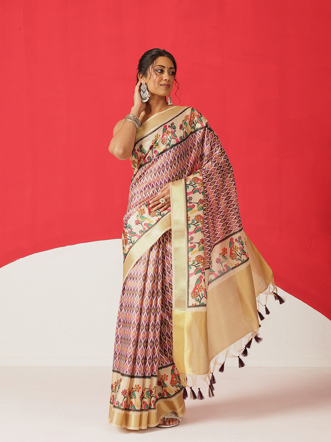 Digital Printed Soft Tissue Silk Saree With Zari Work & Tassels