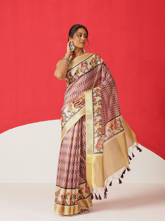 Digital Printed Soft Tissue Silk Saree With Zari Work & Tassels