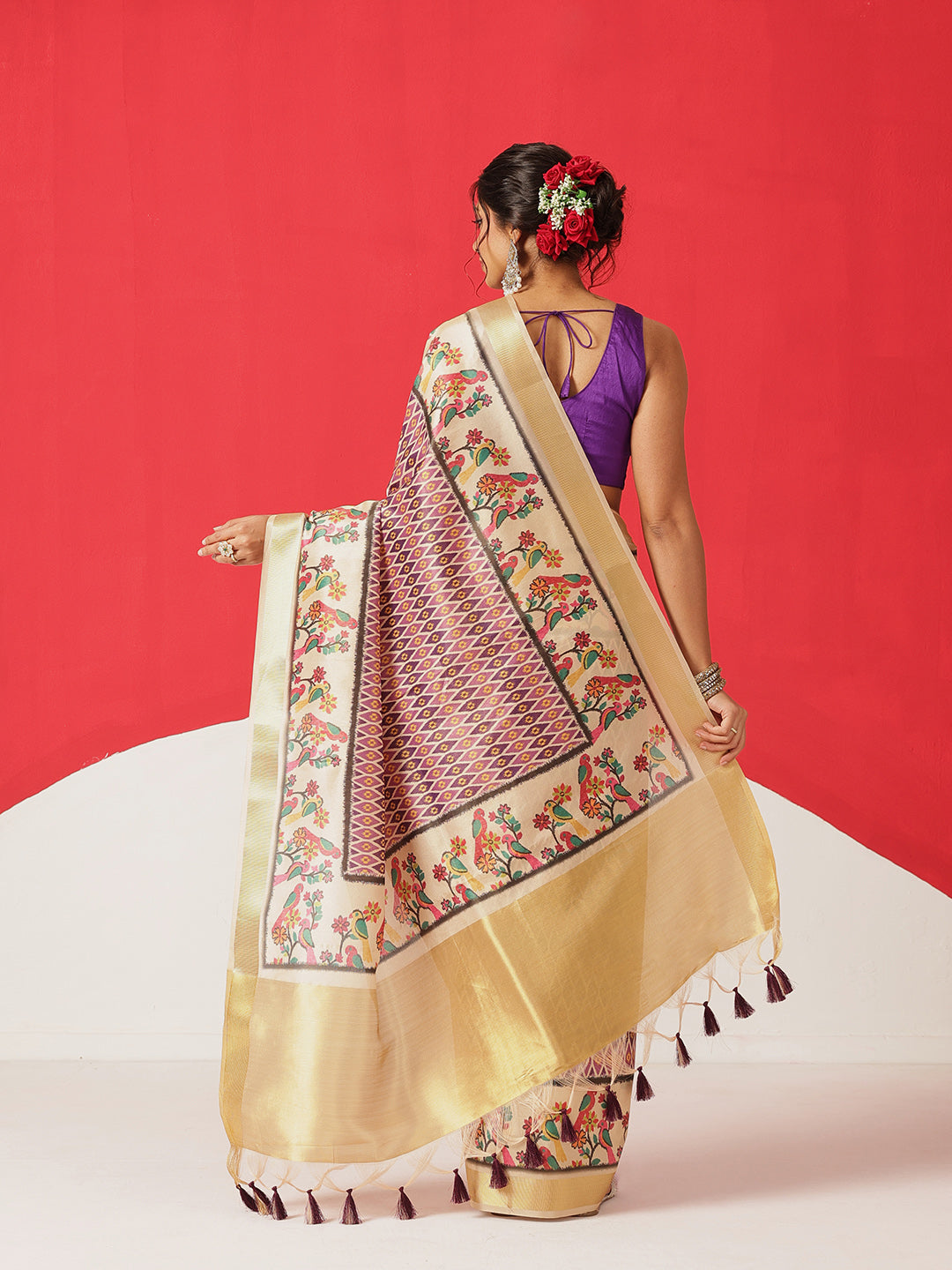 Digital Printed Soft Tissue Silk Saree With Zari Work & Tassels