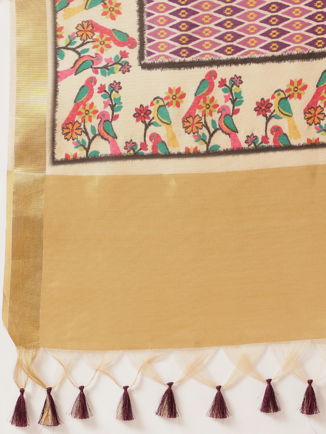 Digital Printed Soft Tissue Silk Saree With Zari Work & Tassels