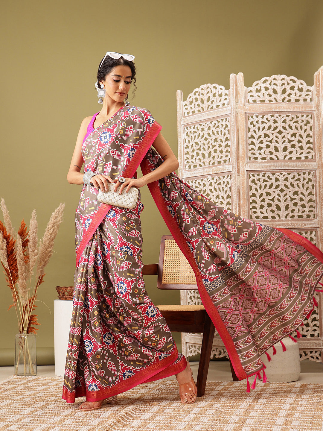 Ikkat Patola Digital Printed Saree Embellished with Tassels