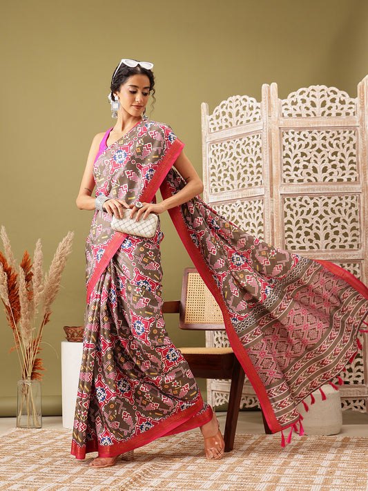 Ikkat Patola Digital Printed Saree Embellished with Tassels