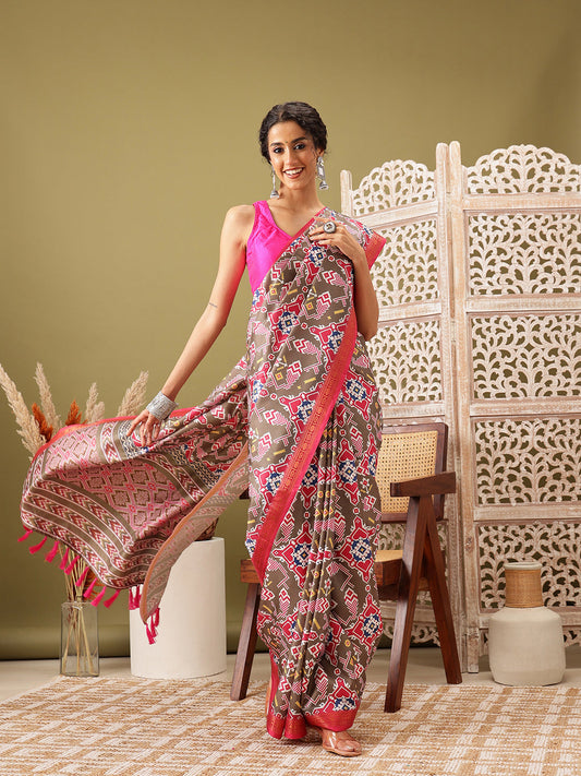 Ikkat Patola Digital Printed Saree Embellished with Tassels
