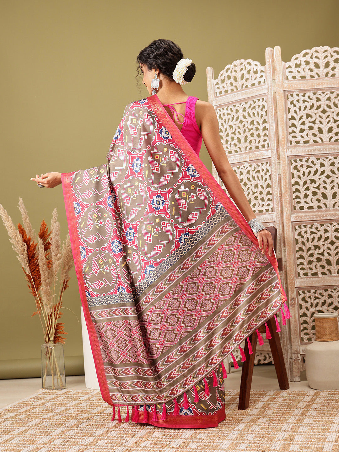 Ikkat Patola Digital Printed Saree Embellished with Tassels