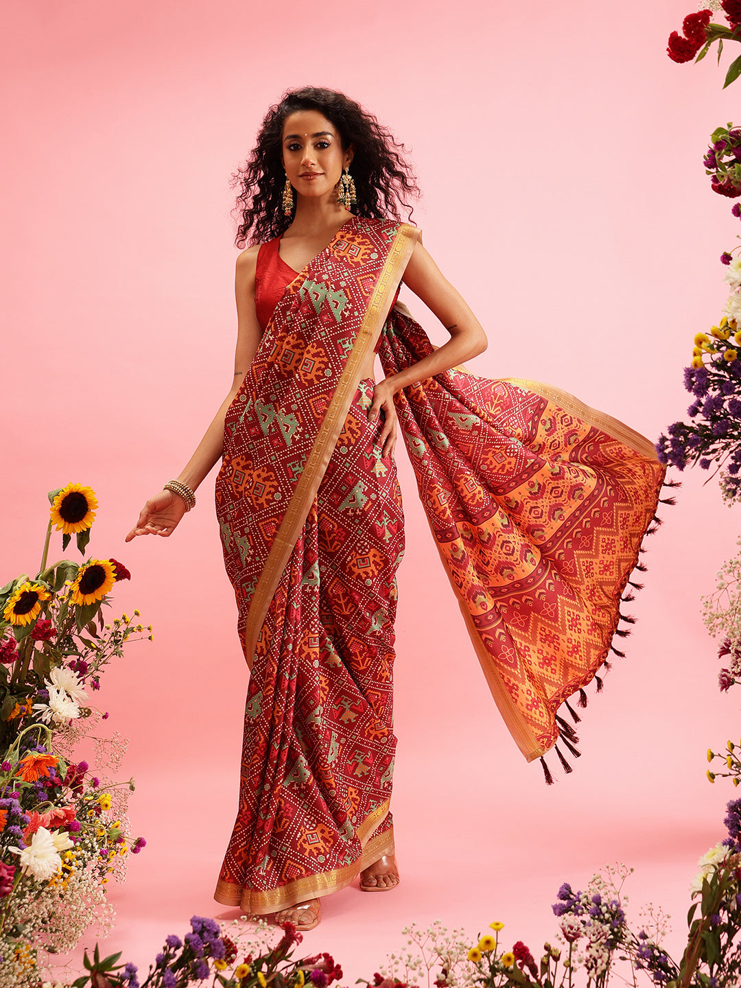 Ikkat Patola Digital Printed Saree Embellished with Tassels