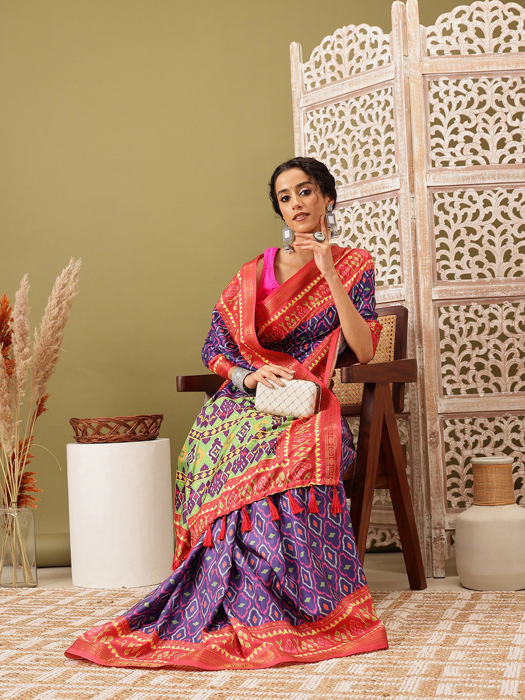 Ikkat Patola Digital Printed Saree Embellished with Tassels