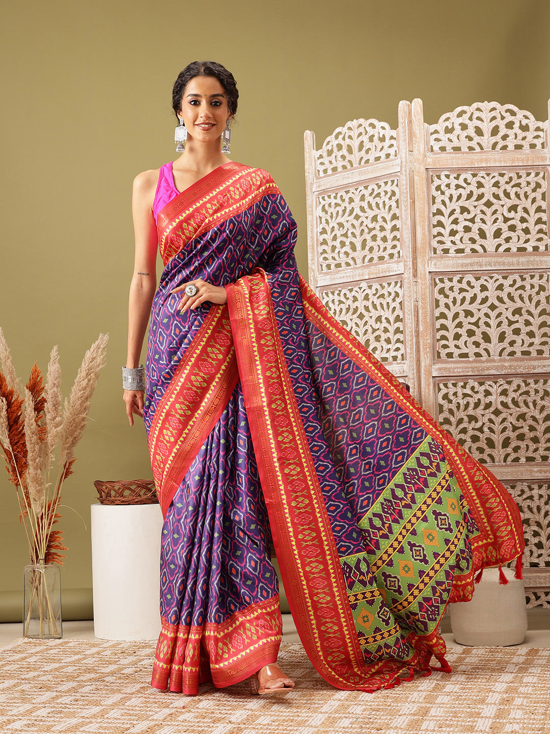 Ikkat Patola Digital Printed Saree Embellished with Tassels