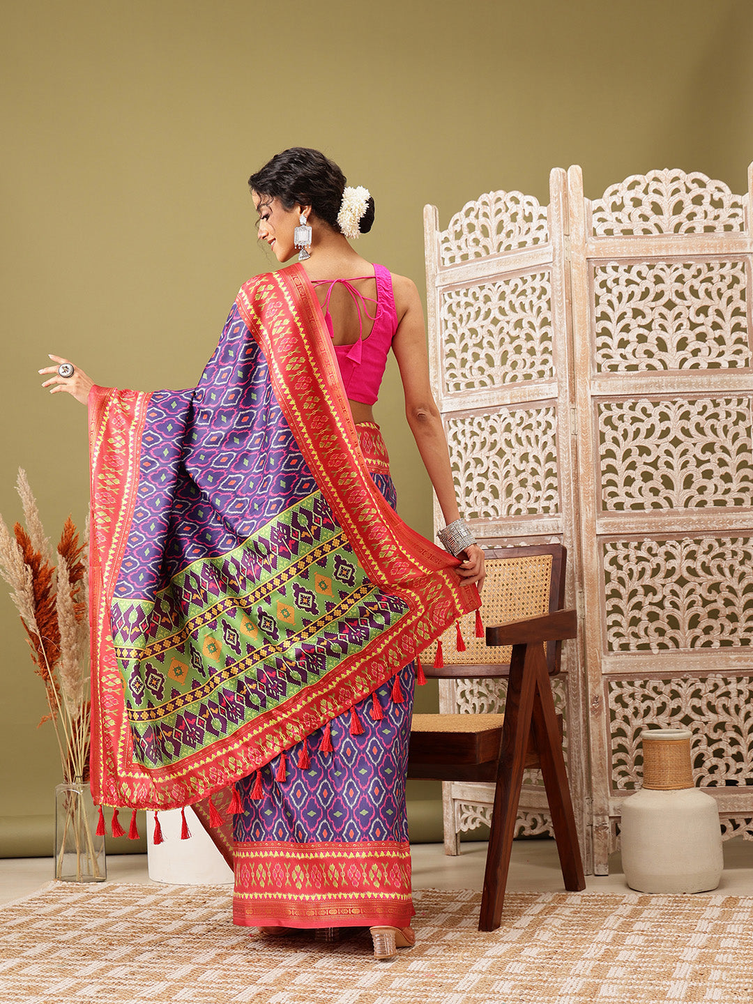 Ikkat Patola Digital Printed Saree Embellished with Tassels