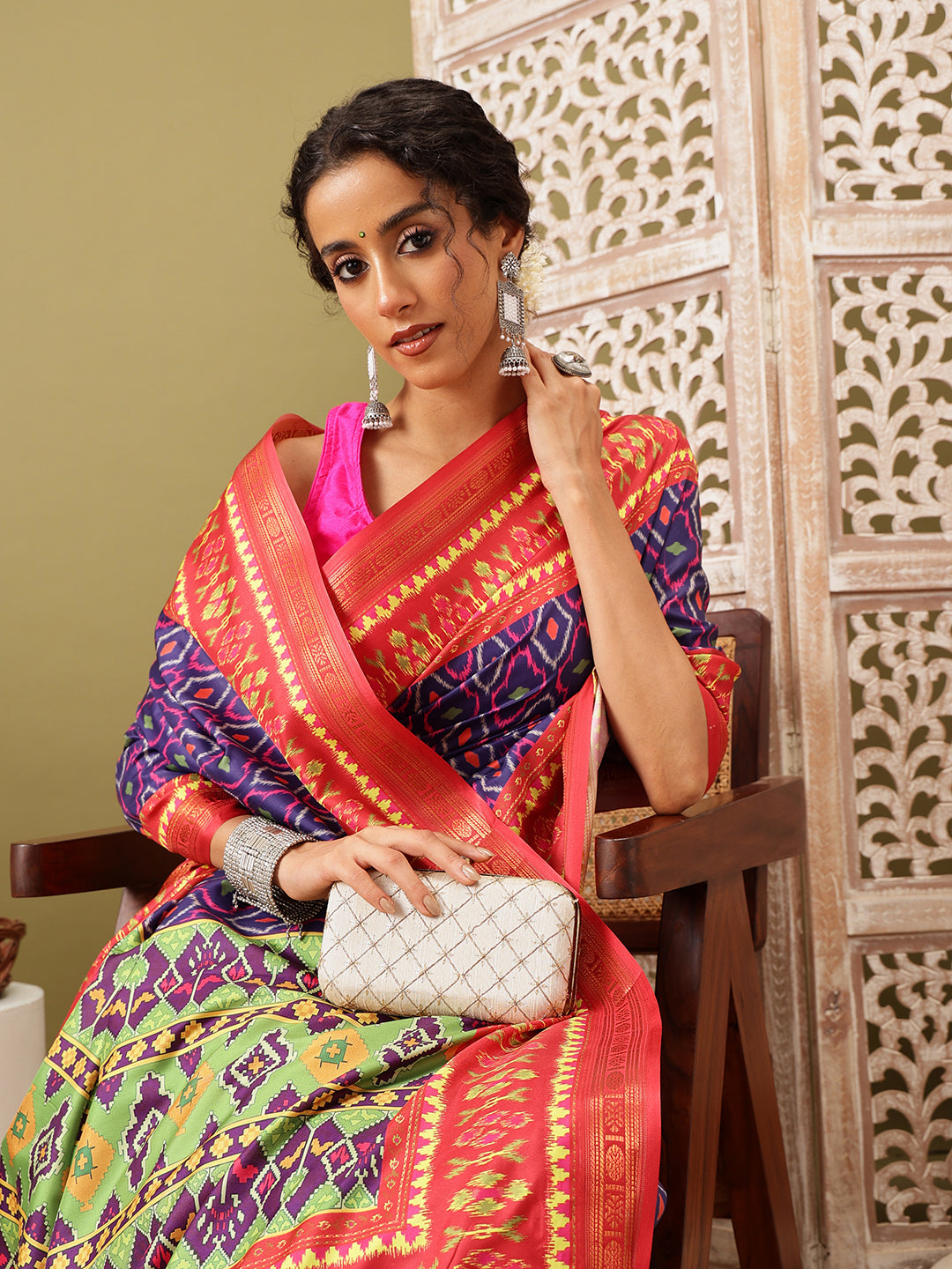 Ikkat Patola Digital Printed Saree Embellished with Tassels