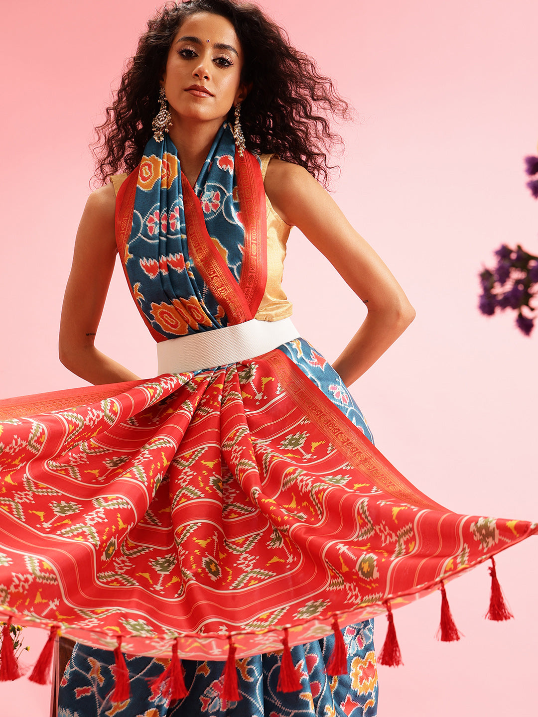 Ikkat Patola Digital Printed Saree Embellished with Tassels