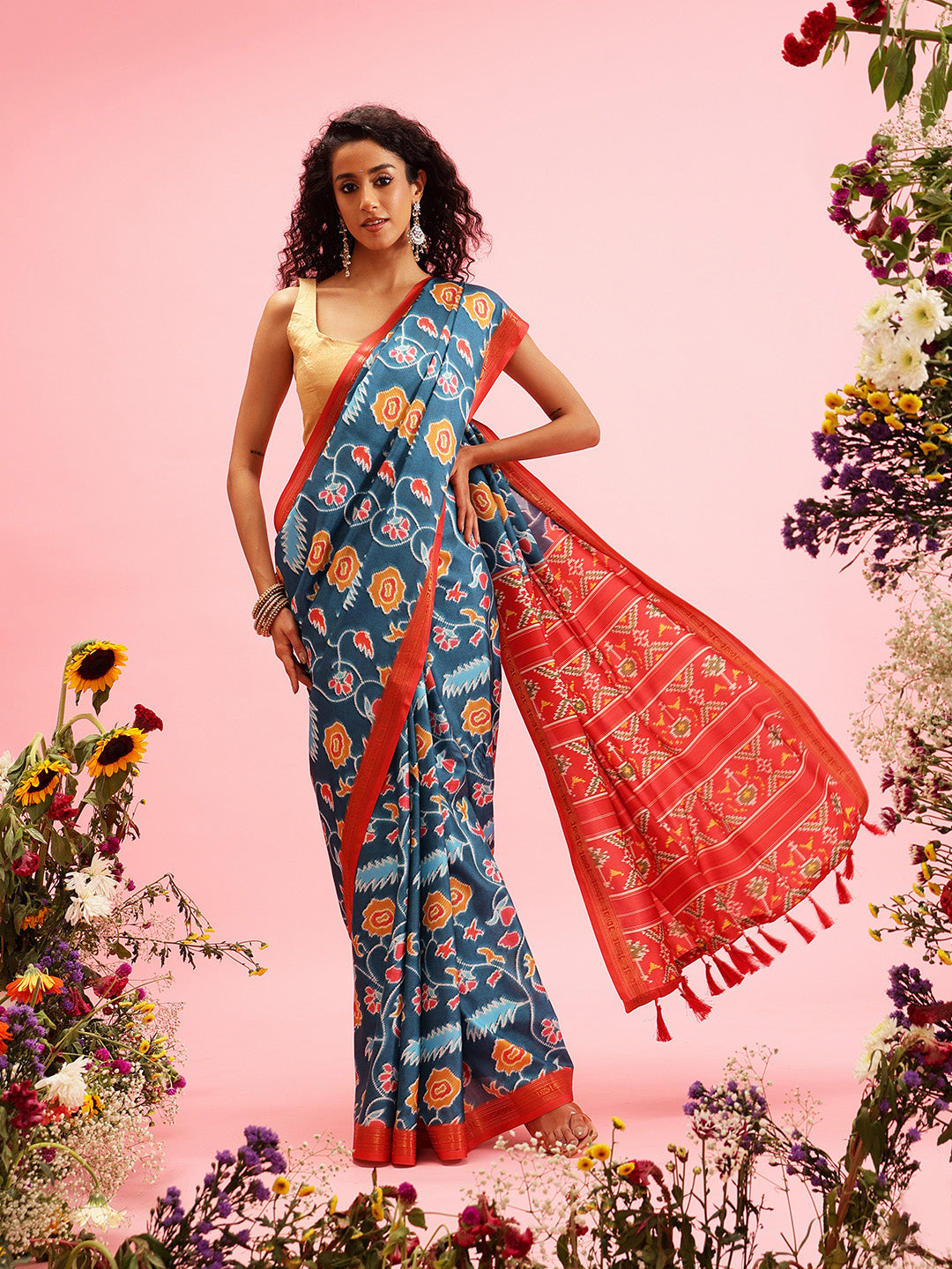 Ikkat Patola Digital Printed Saree Embellished with Tassels