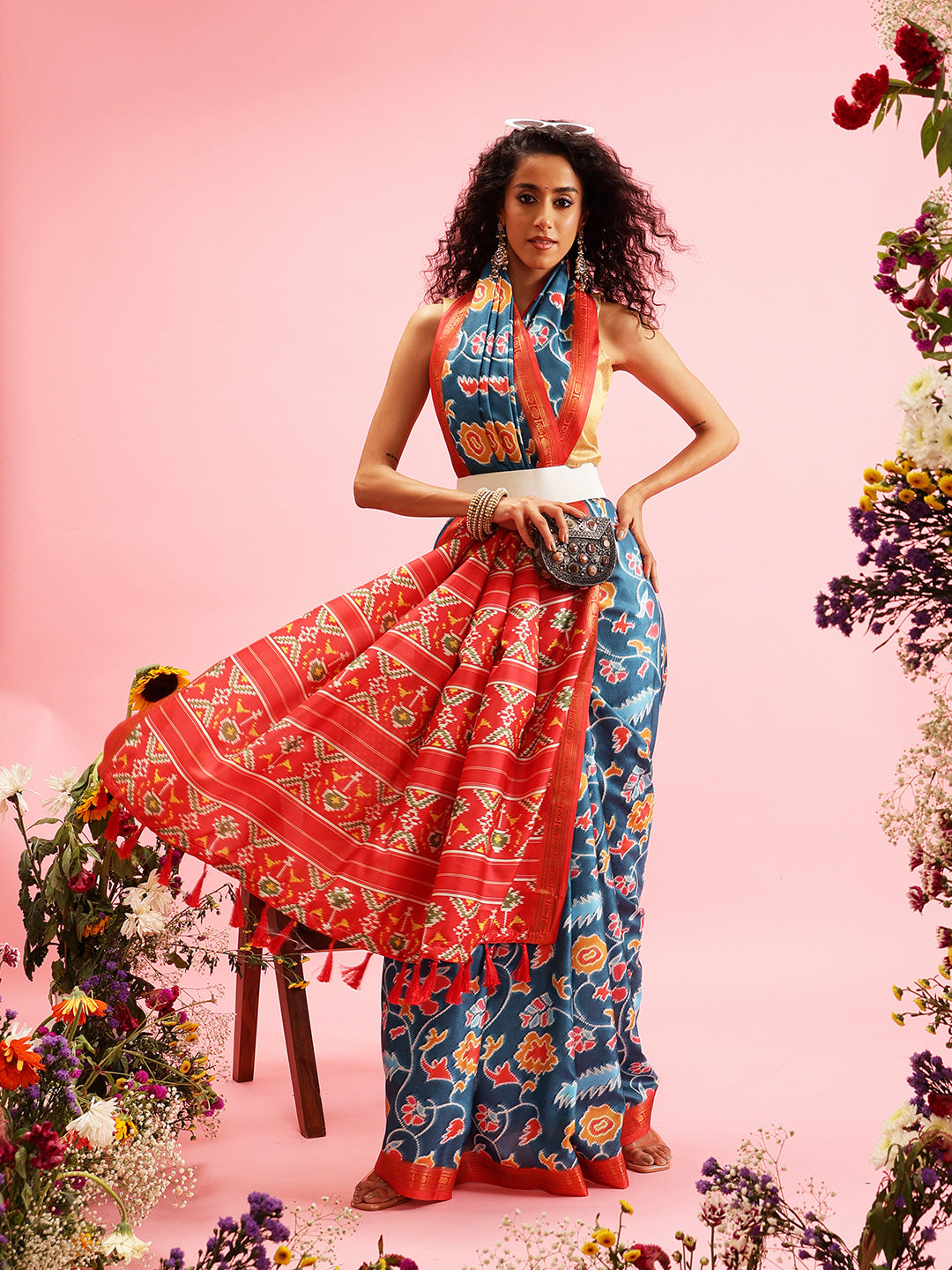 Ikkat Patola Digital Printed Saree Embellished with Tassels