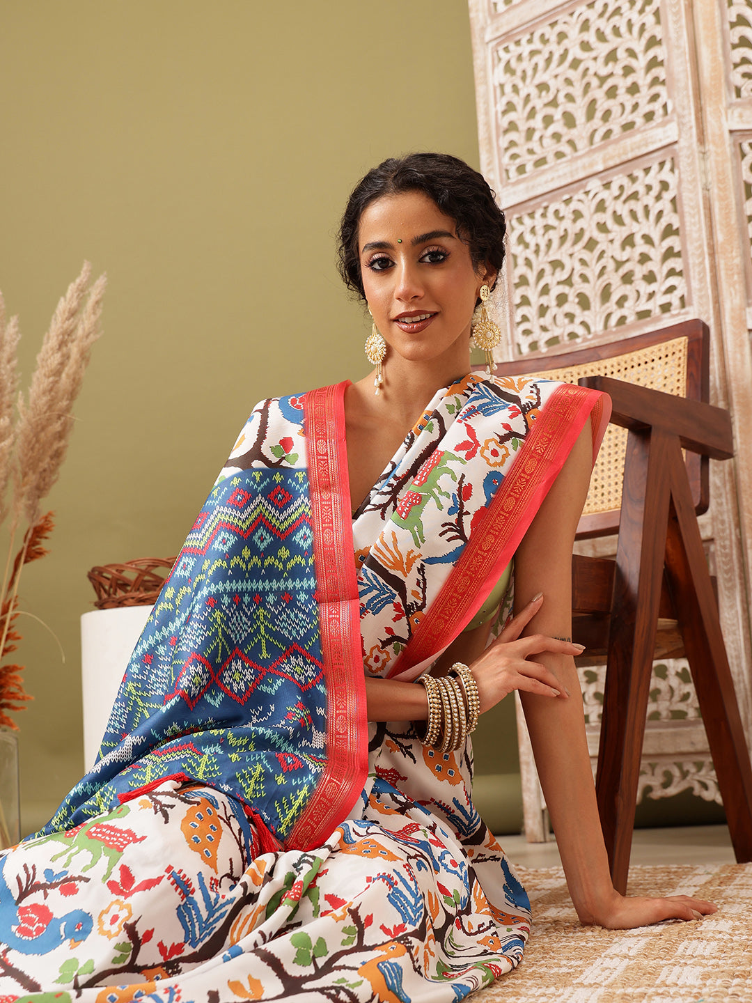 Ikkat Patola Digital Printed Saree Embellished with Tassels