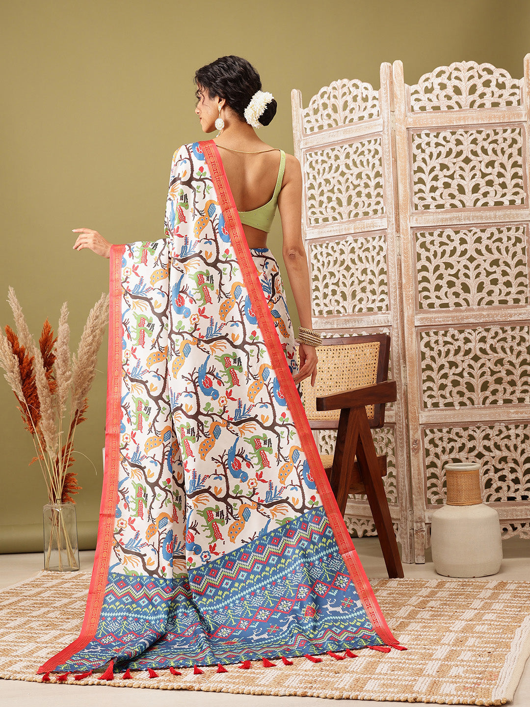 Ikkat Patola Digital Printed Saree Embellished with Tassels