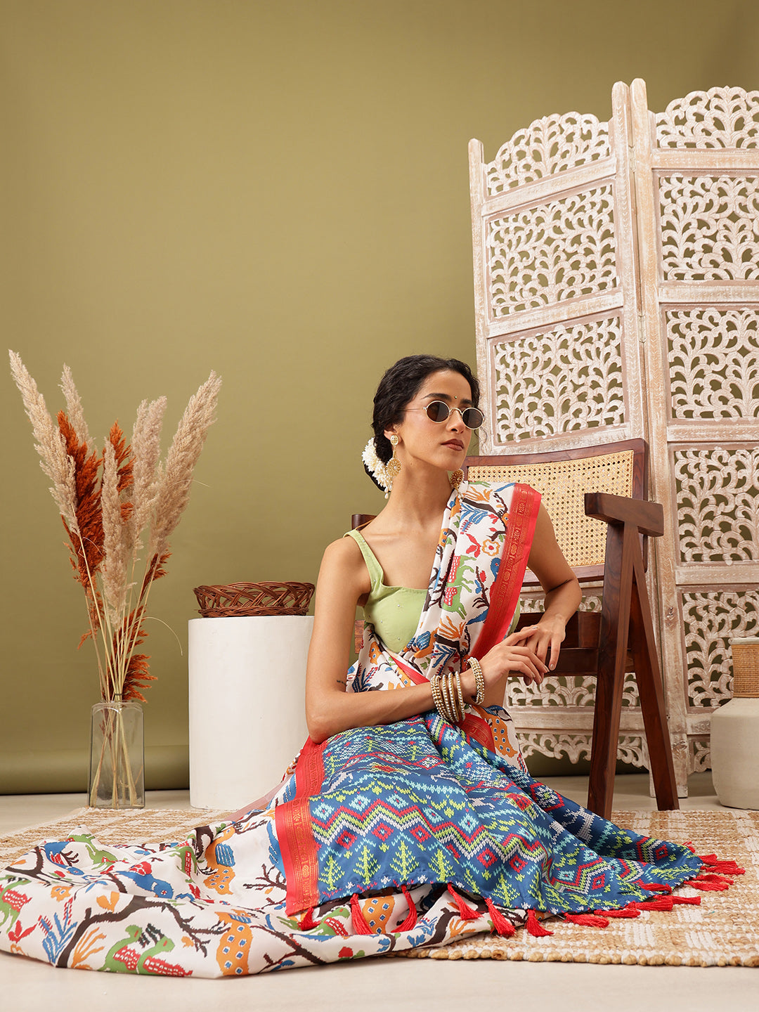 Ikkat Patola Digital Printed Saree Embellished with Tassels