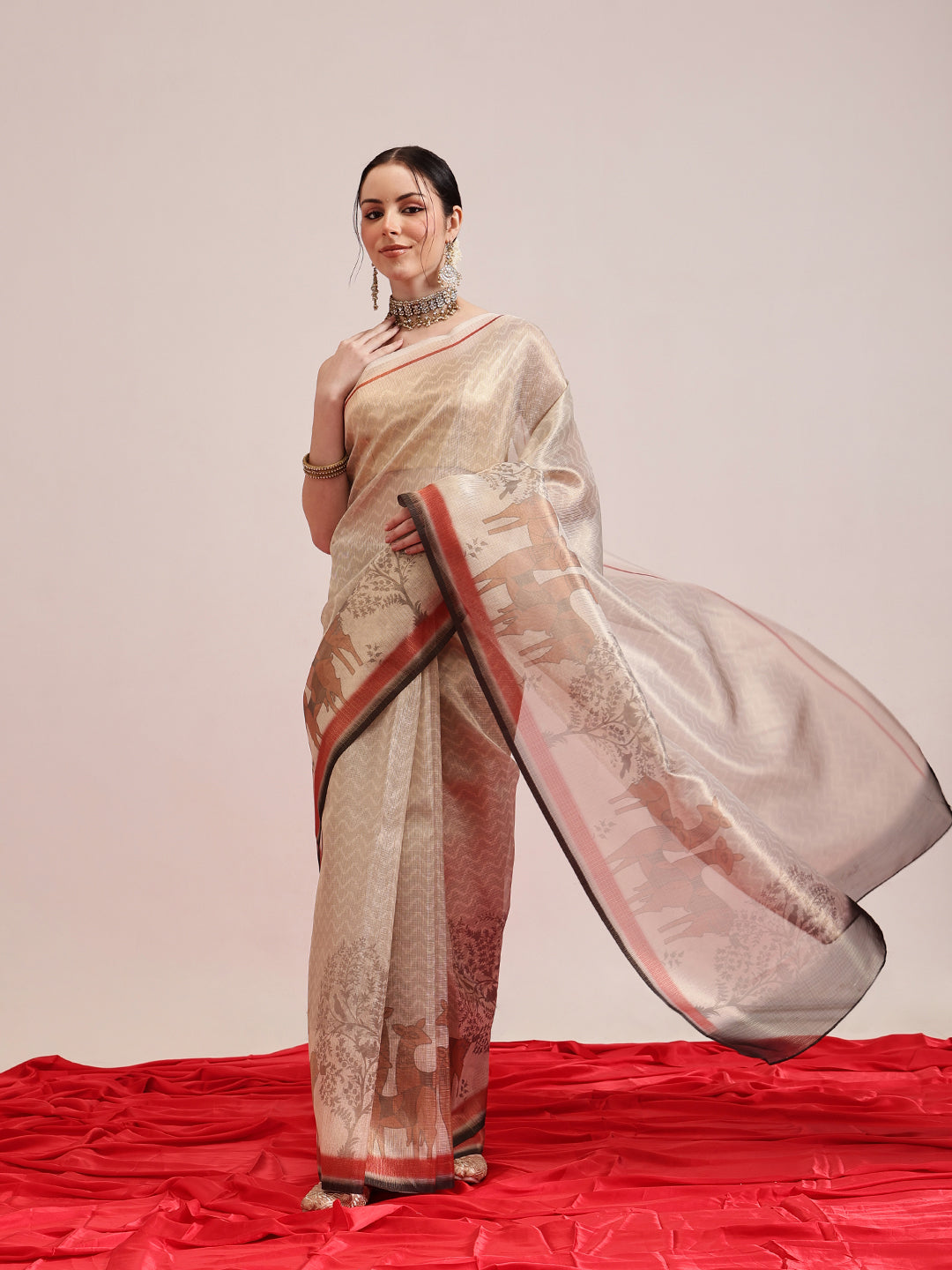 Pichwai Digital Printed Muga Tissue Saree