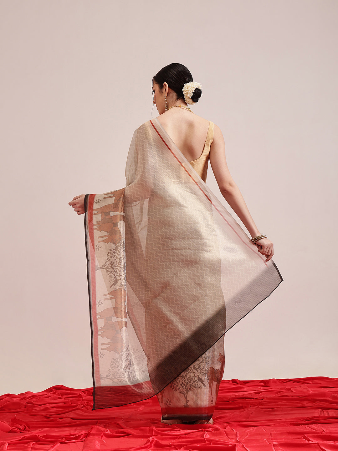 Pichwai Digital Printed Muga Tissue Saree