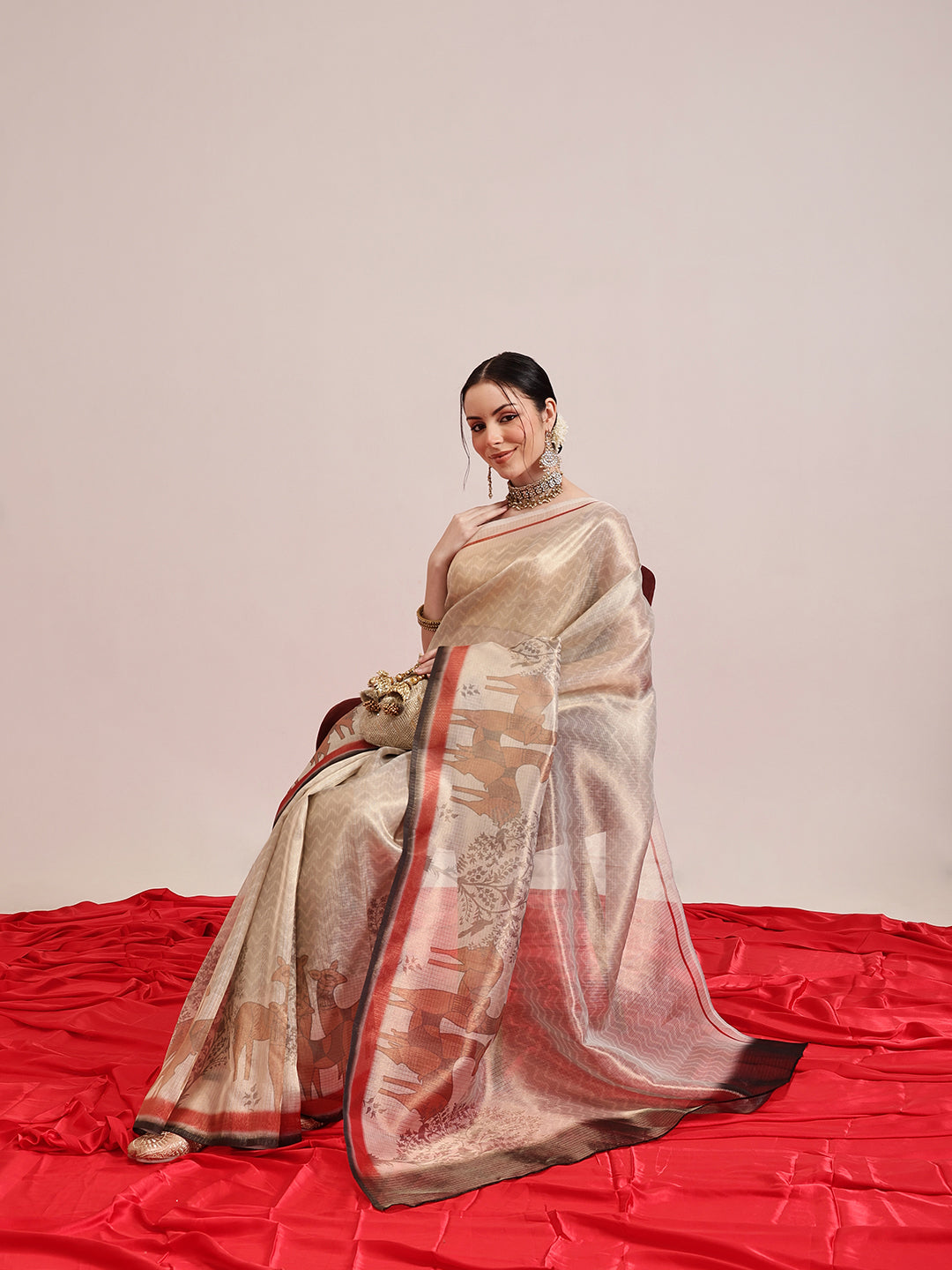 Pichwai Digital Printed Muga Tissue Saree