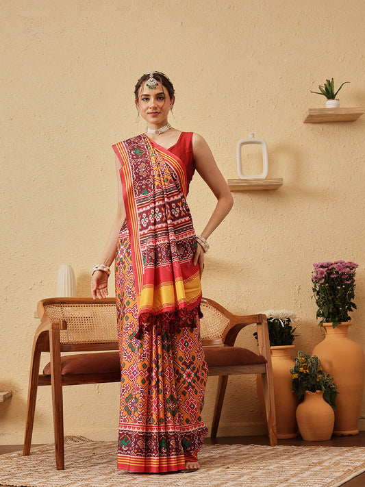 Rajkoti Double Ikat Patola Soft Silk Saree With Tassels