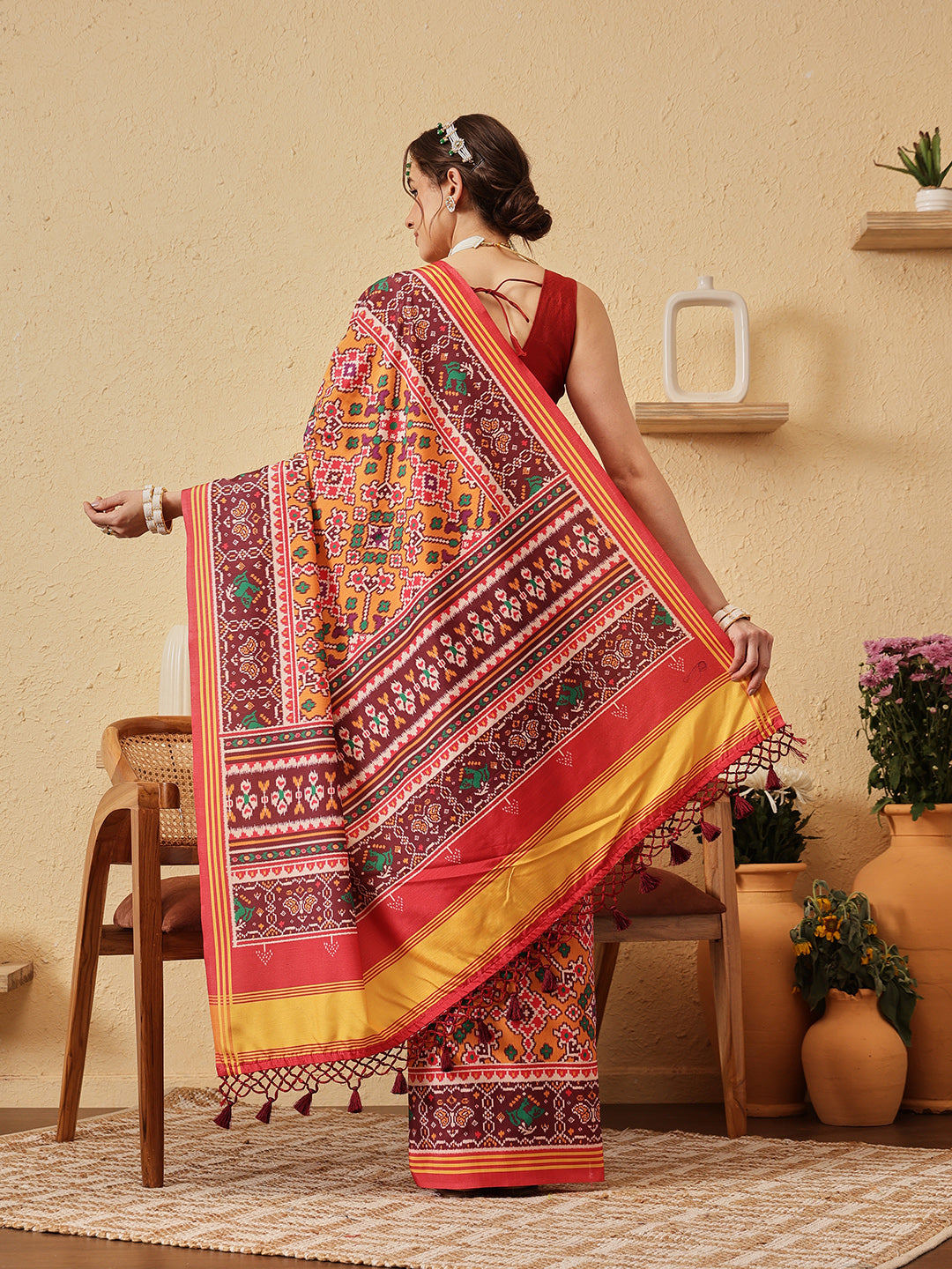 Rajkoti Double Ikat Patola Soft Silk Saree With Tassels