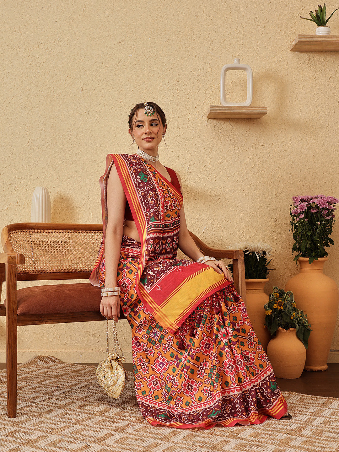 Rajkoti Double Ikat Patola Soft Silk Saree With Tassels