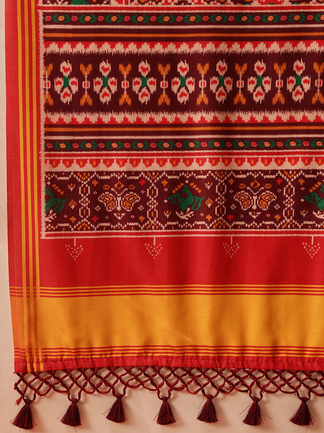 Rajkoti Double Ikat Patola Soft Silk Saree With Tassels