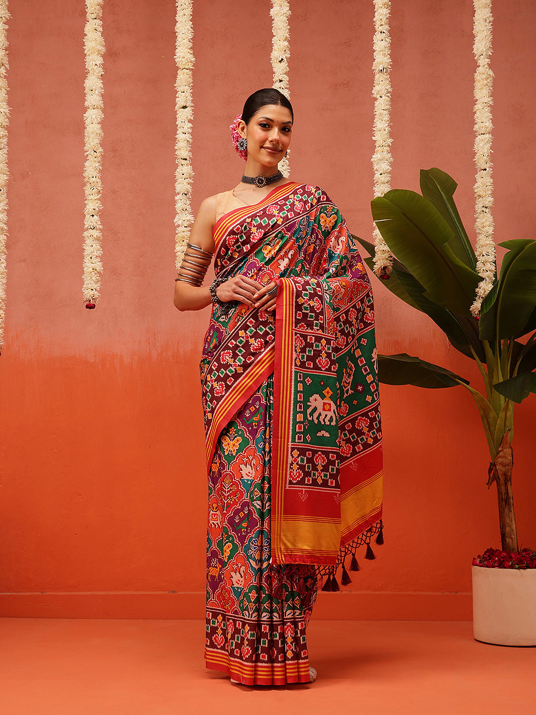 Rajkoti Double Ikat Patola Soft Silk Saree With Tassels