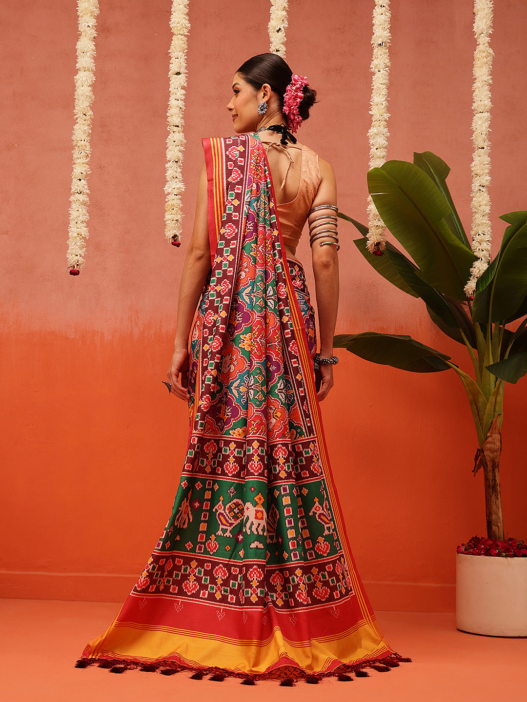 Rajkoti Double Ikat Patola Soft Silk Saree With Tassels