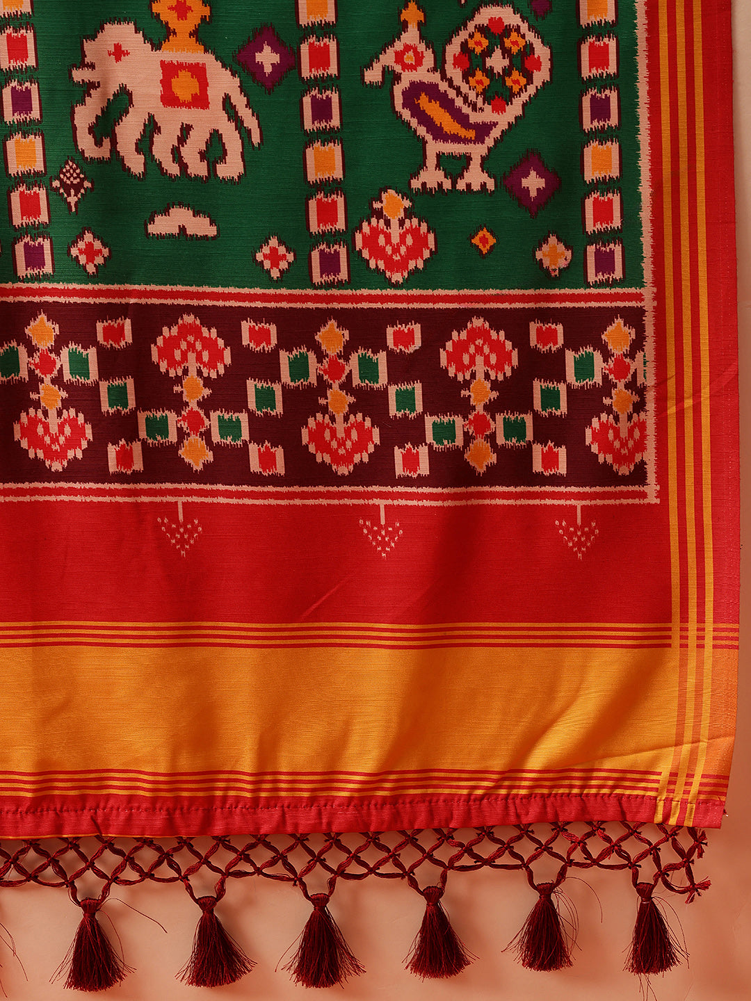 Rajkoti Double Ikat Patola Soft Silk Saree With Tassels
