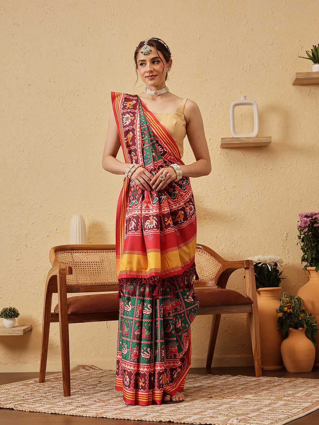 Rajkoti Double Ikat Patola Soft Silk Saree With Tassels