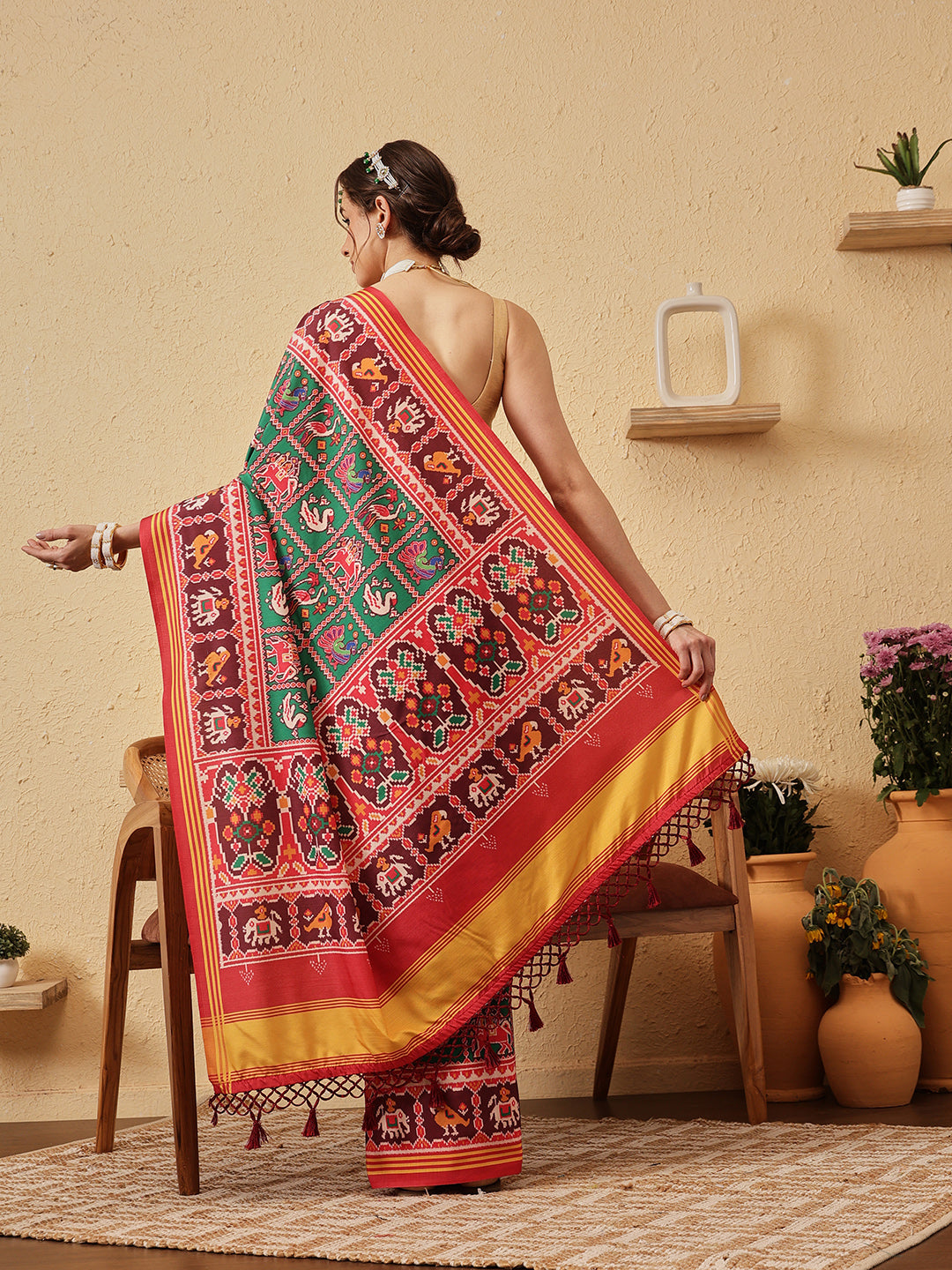 Rajkoti Double Ikat Patola Soft Silk Saree With Tassels