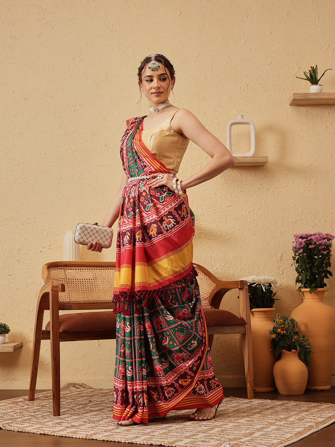 Rajkoti Double Ikat Patola Soft Silk Saree With Tassels