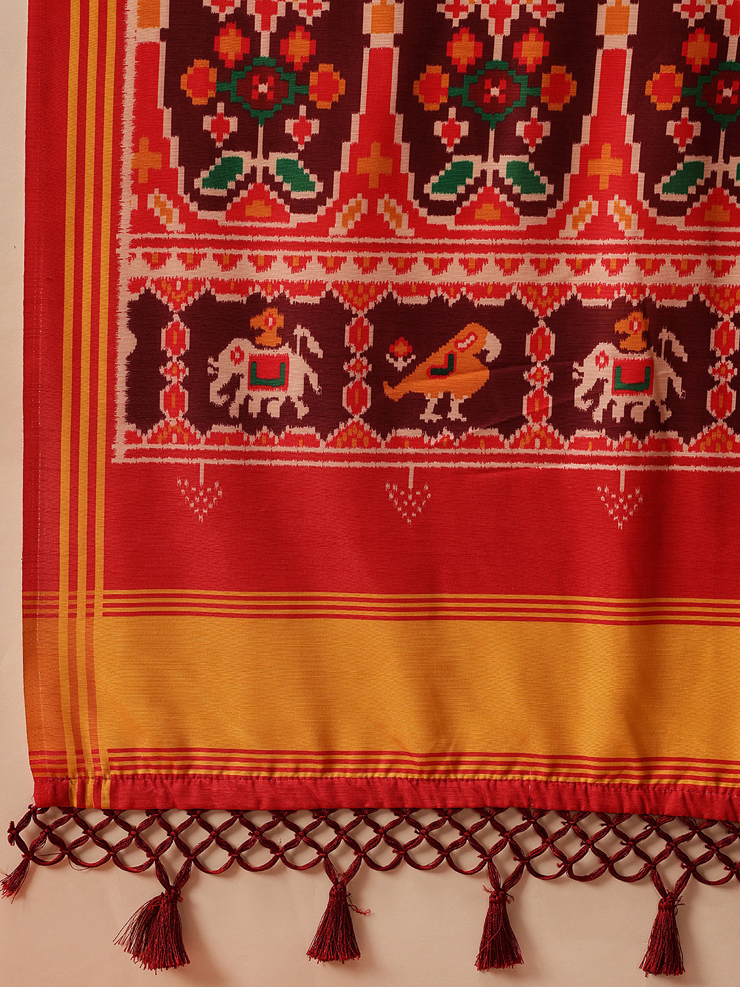 Rajkoti Double Ikat Patola Soft Silk Saree With Tassels