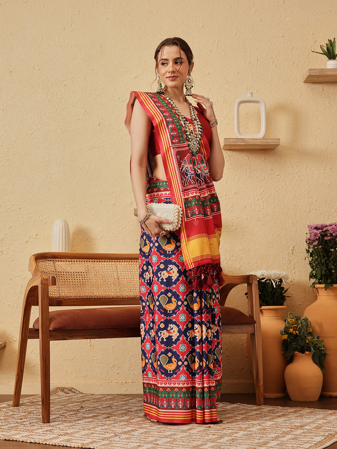 Rajkoti Double Ikat Patola Soft Silk Saree With Tassels