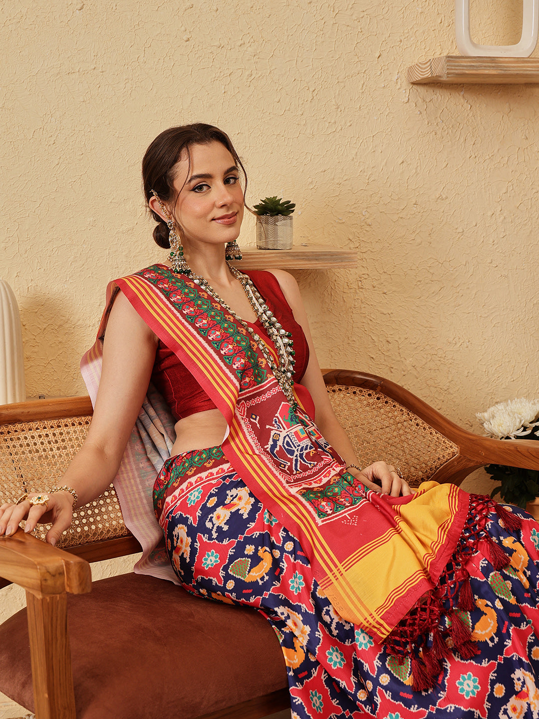 Rajkoti Double Ikat Patola Soft Silk Saree With Tassels