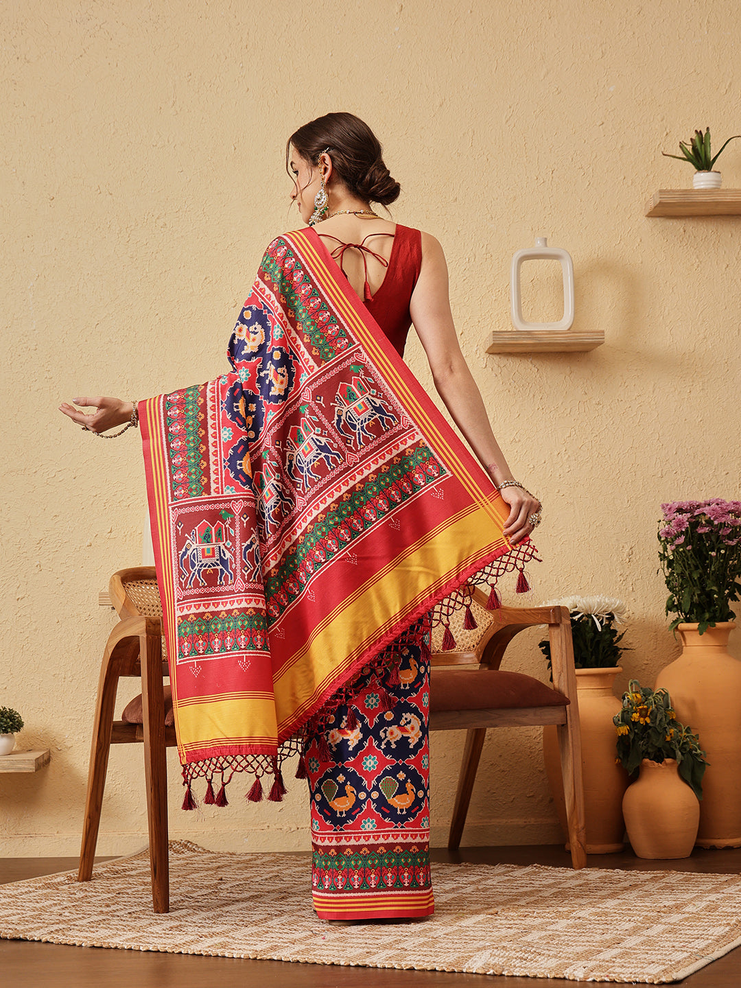 Rajkoti Double Ikat Patola Soft Silk Saree With Tassels