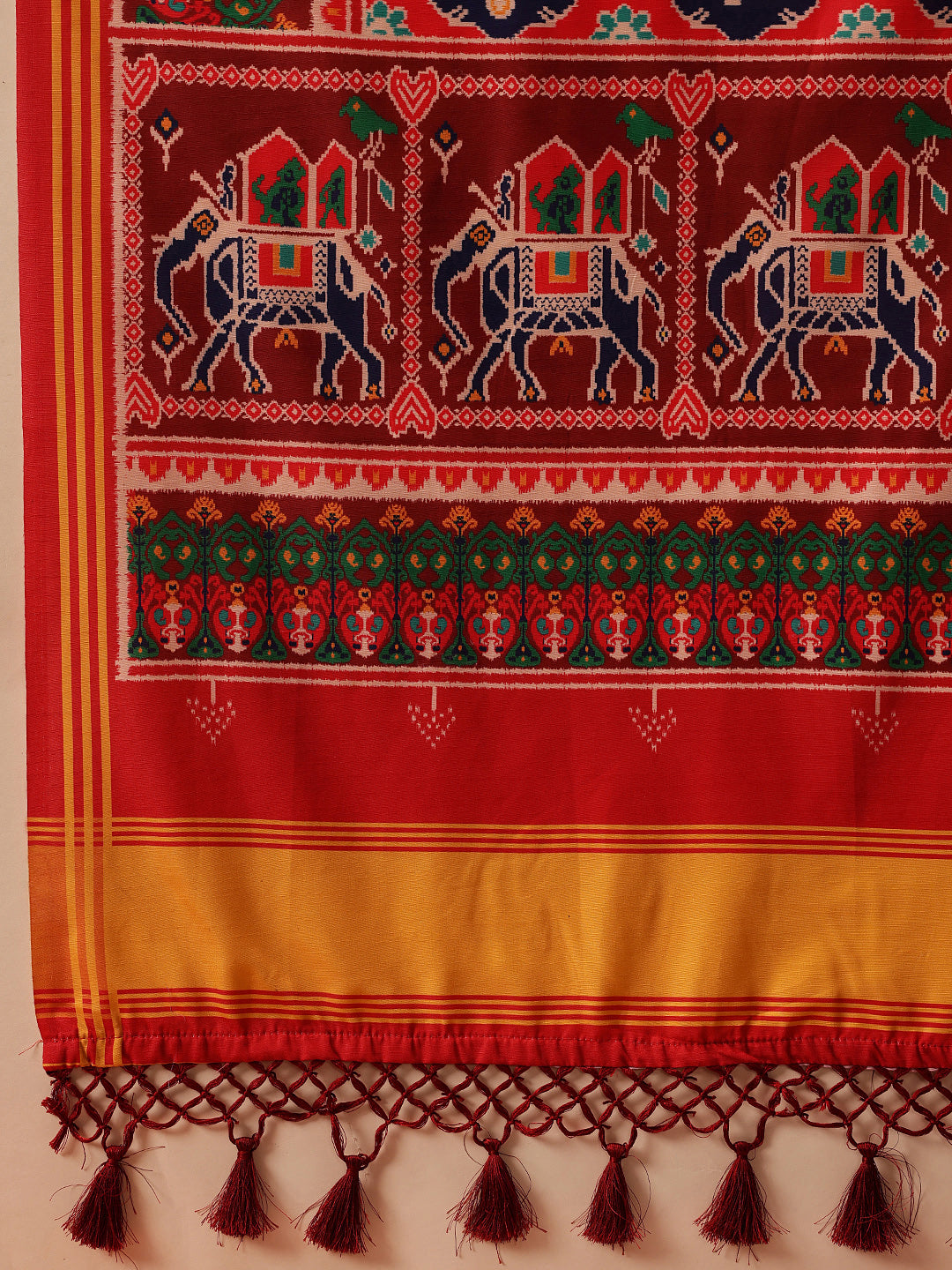 Rajkoti Double Ikat Patola Soft Silk Saree With Tassels