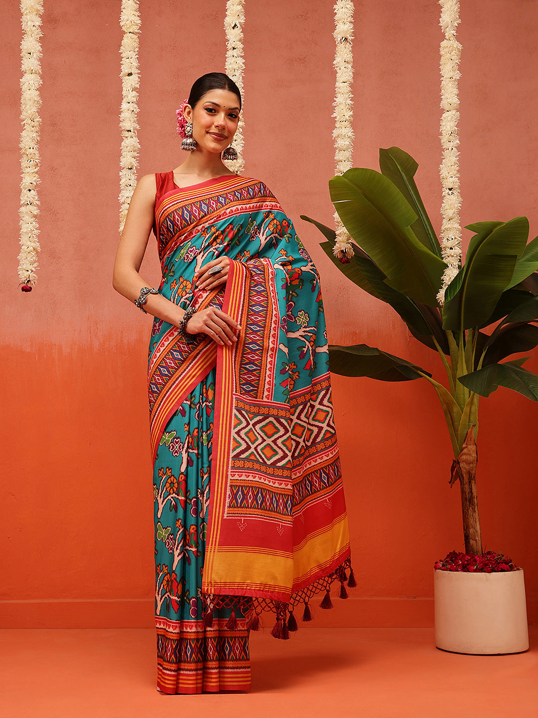 Hyderabadi Double Ikat Patola Soft Silk Saree With Tassels