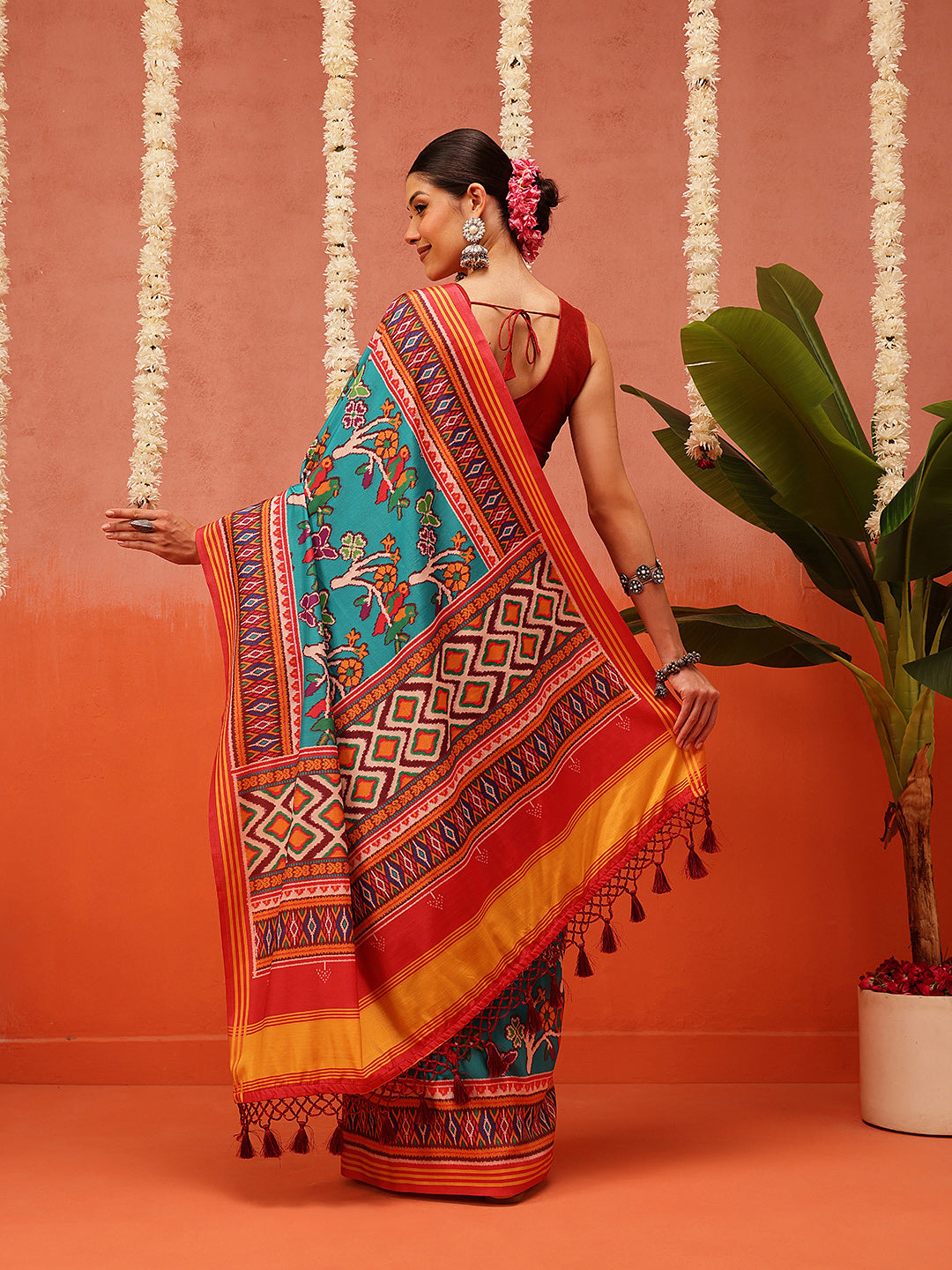Hyderabadi Double Ikat Patola Soft Silk Saree With Tassels