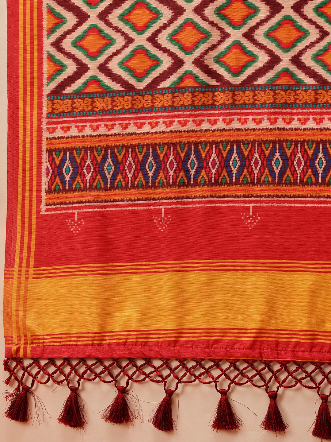 Hyderabadi Double Ikat Patola Soft Silk Saree With Tassels