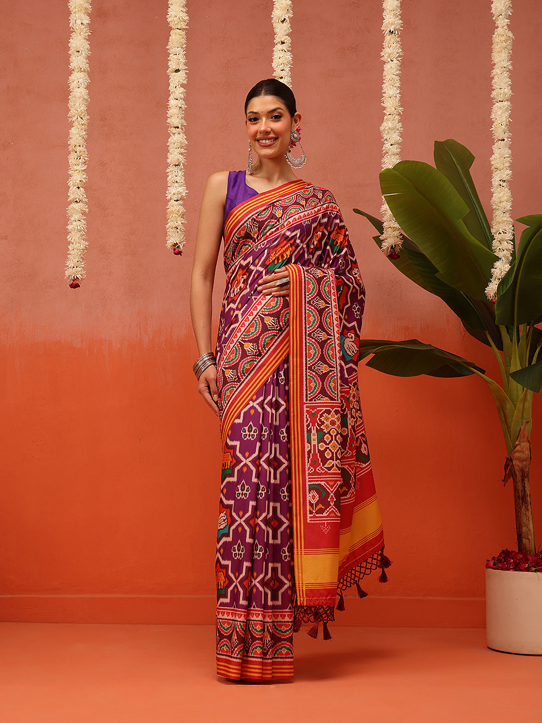 Hyderabadi Double Ikat Patola Soft Silk Saree With Tassels