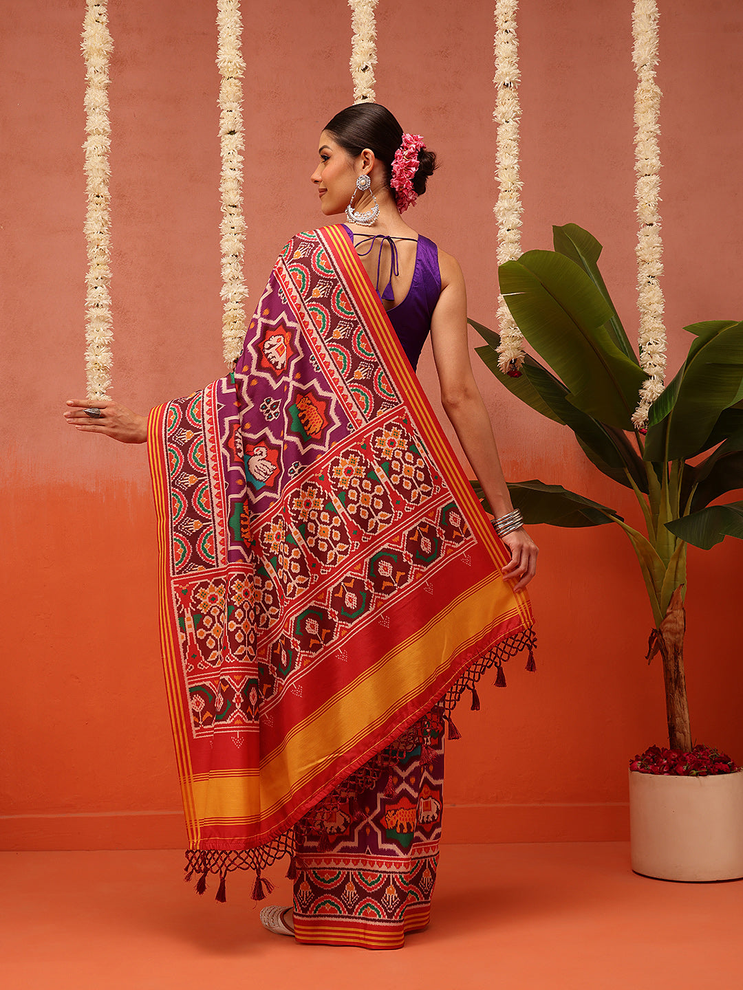 Hyderabadi Double Ikat Patola Soft Silk Saree With Tassels