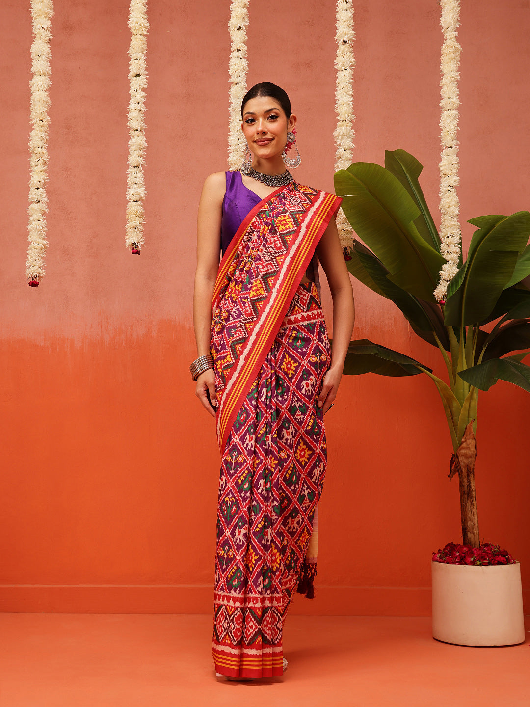 Hyderabadi Double Ikat Patola Soft Silk Saree With Tassels