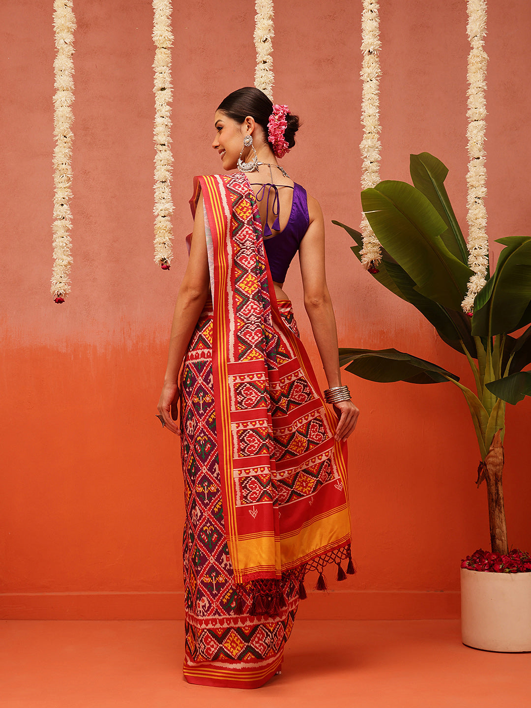 Hyderabadi Double Ikat Patola Soft Silk Saree With Tassels