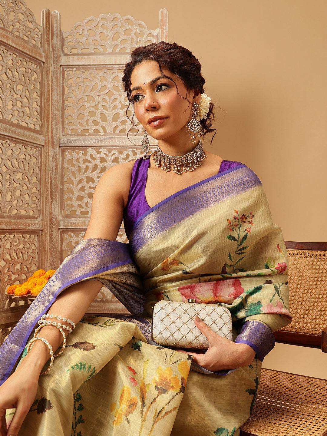 Banarasi Tissue Soft Silk Digital Printed Saree Woven Pallu & Blouse