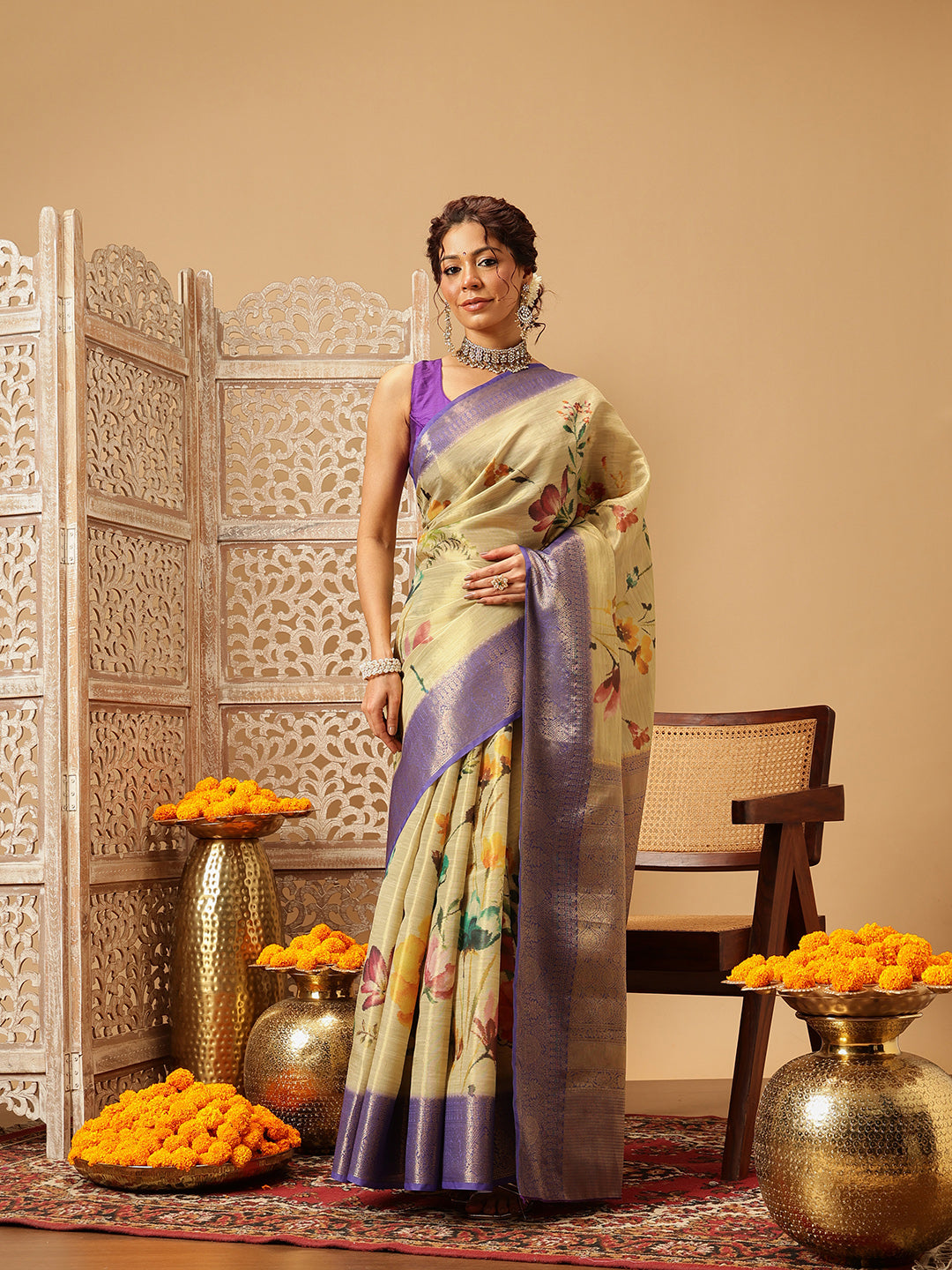 Banarasi Tissue Soft Silk Digital Printed Saree Woven Pallu & Blouse