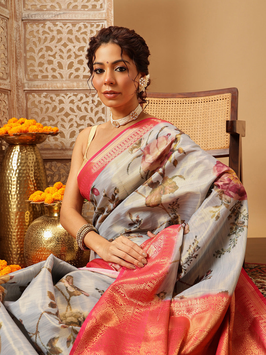 Banarasi Tissue Soft Silk Digital Printed Saree Woven Pallu & Blouse