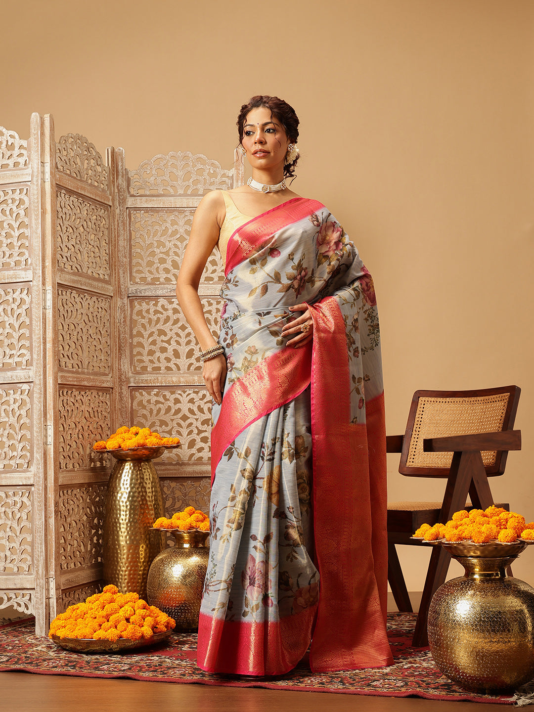 Banarasi Tissue Soft Silk Digital Printed Saree Woven Pallu & Blouse