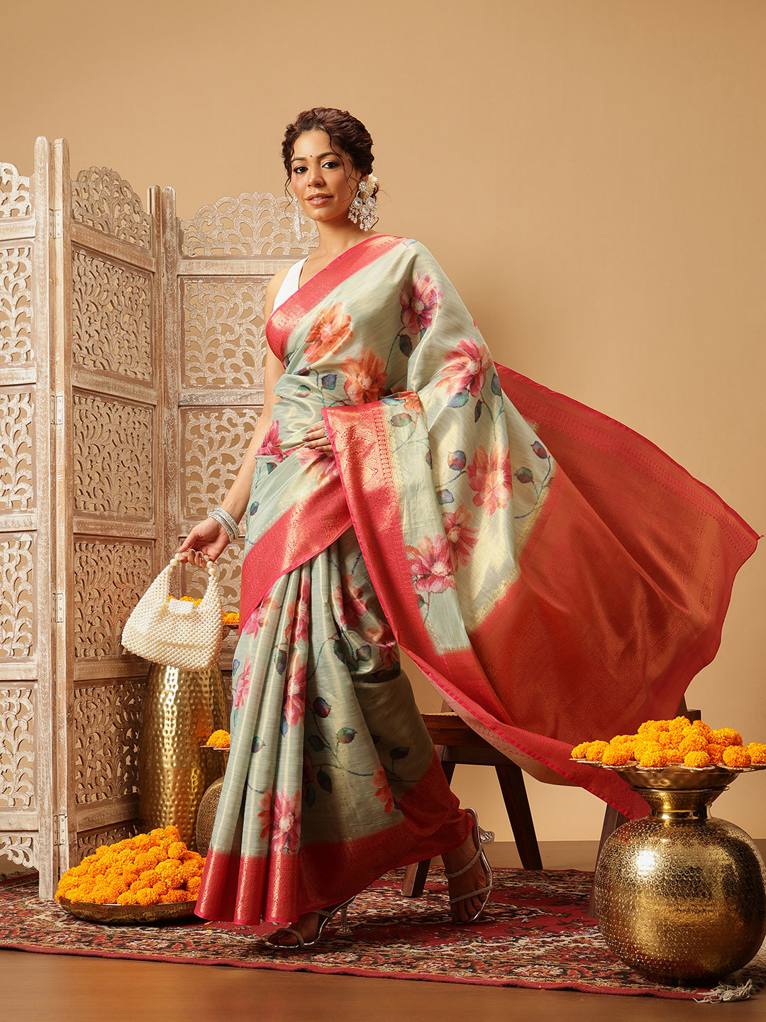 Banarasi Tissue Soft Silk Digital Printed Saree Woven Pallu & Blouse